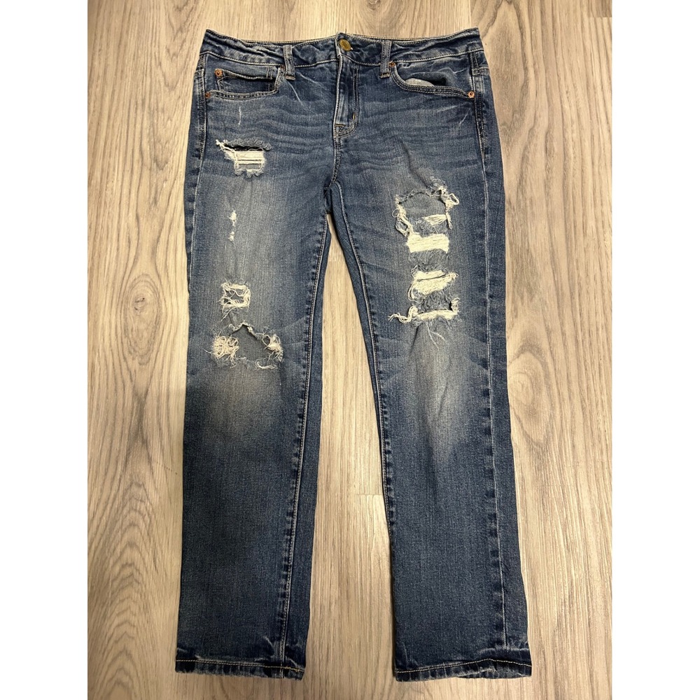 American Eagle Slouchy Stretch Distressed Jeans Womens 6 Medium Wash Blue Ripped